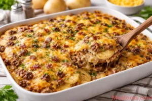 A golden-brown cheesy hamburger potato casserole in a white baking dish, showing bubbling cheese and layers of sliced potatoes