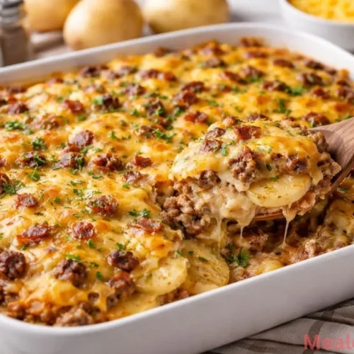 A golden-brown cheesy hamburger potato casserole in a white baking dish, showing bubbling cheese and layers of sliced potatoes