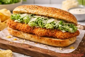 crispy chicken Caesar sandwich on a toasted garlic hoagie roll with fresh romaine lettuce and parmesan cheese
