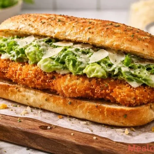 crispy chicken Caesar sandwich on a toasted garlic hoagie roll with fresh romaine lettuce and parmesan cheese