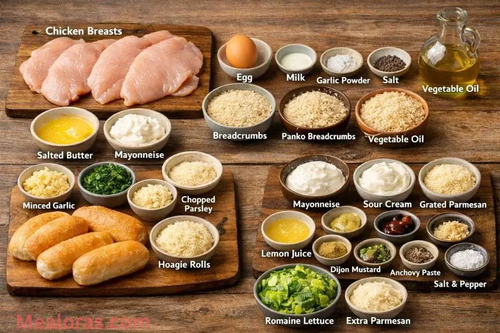 Raw chicken breasts, breadcrumbs, romaine lettuce, parmesan cheese, and Caesar dressing ingredients arranged on a kitchen counter
