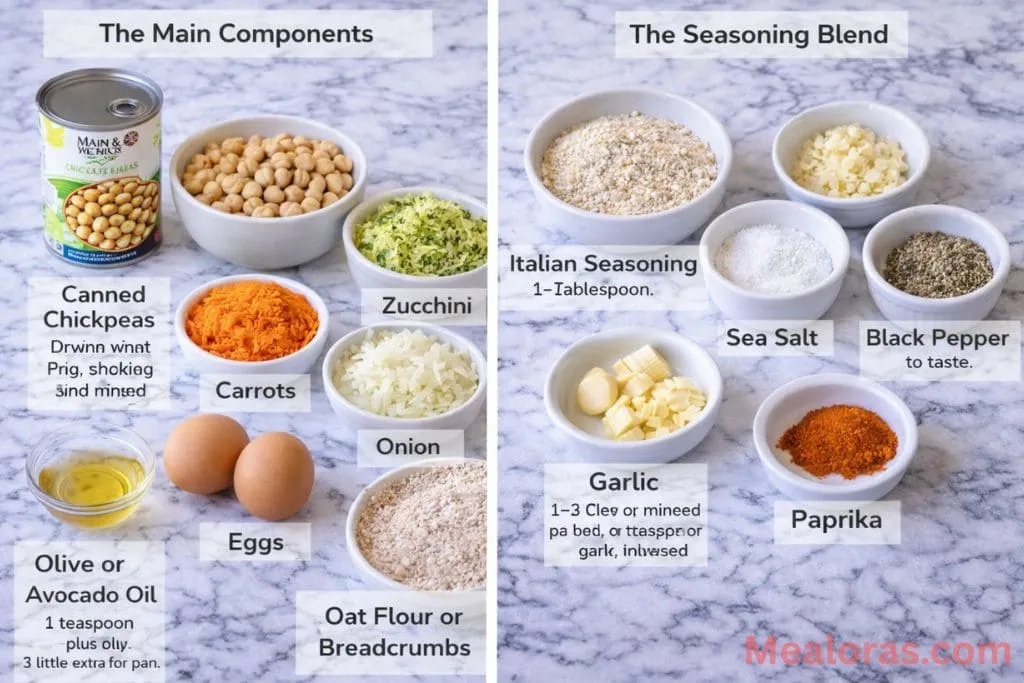 ingredients for veggie nuggets including canned chickpeas, shredded zucchini, carrots, and spices on a kitchen counter