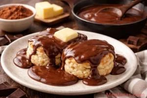 glossy chocolate gravy drizzled over fluffy warm biscuits.