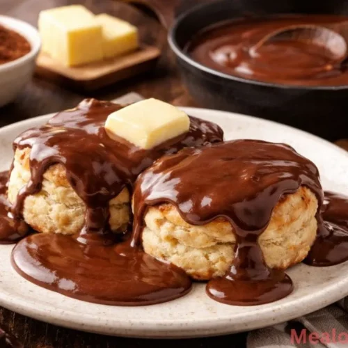 glossy chocolate gravy drizzled over fluffy warm biscuits.