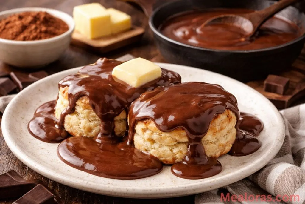 glossy chocolate gravy drizzled over fluffy warm biscuits.