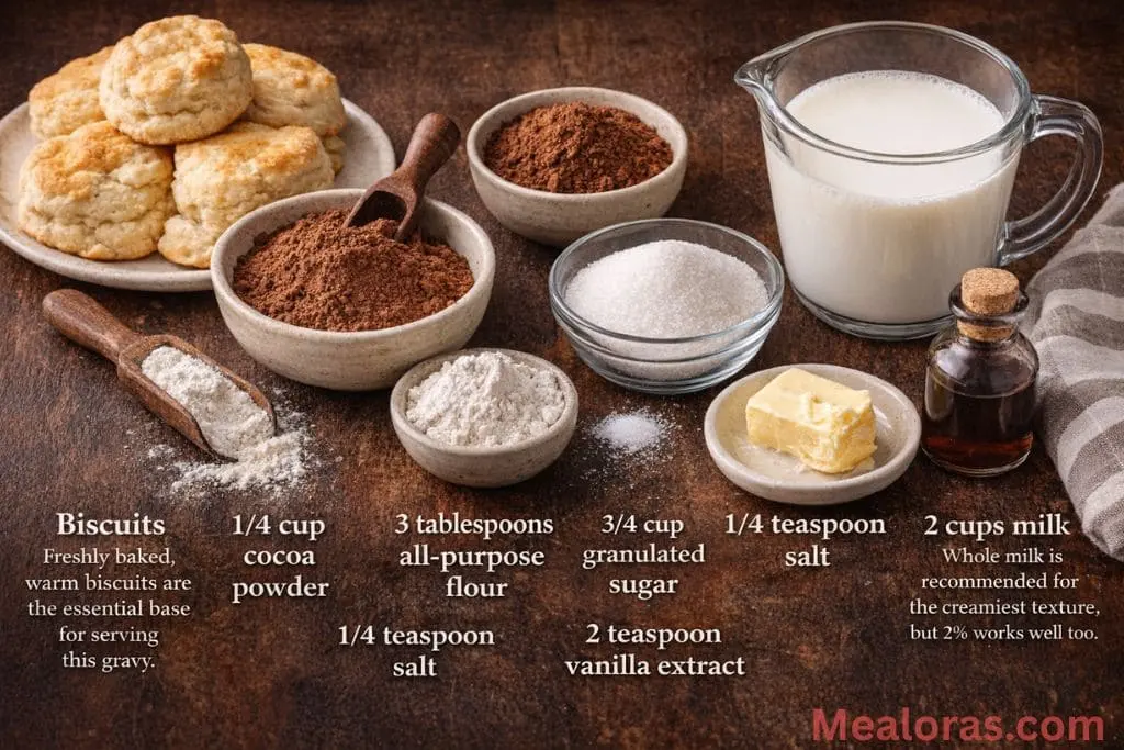Cocoa powder, flour, sugar, milk, butter, and vanilla 