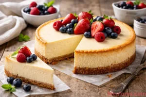 dense slice of New York Cheesecake on a white plate with a golden graham cracker crust