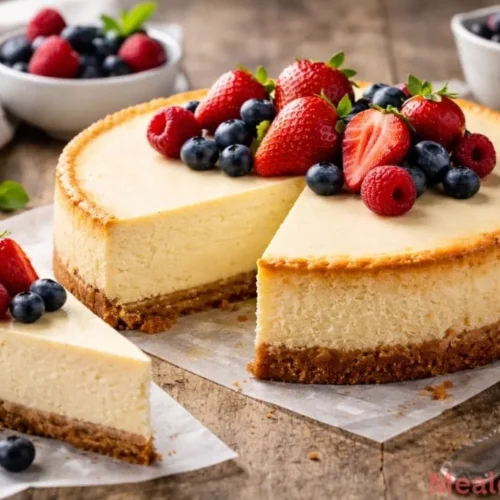 dense slice of New York Cheesecake on a white plate with a golden graham cracker crust