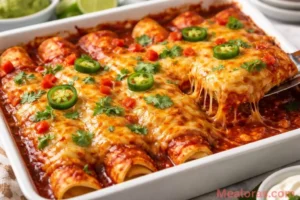 9x13 baking dish filled with cheesy red enchiladas topped with melted Mexican blend cheese and fresh cilantro