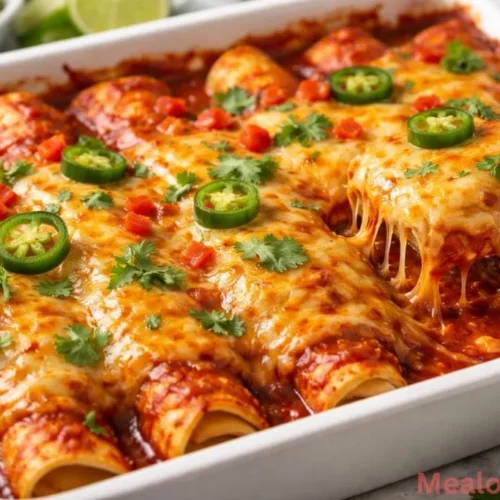 9x13 baking dish filled with cheesy red enchiladas topped with melted Mexican blend cheese and fresh cilantro