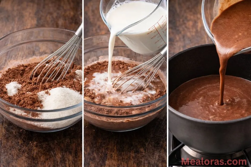 whisking cocoa, sugar, and flour in a bowl before adding milk