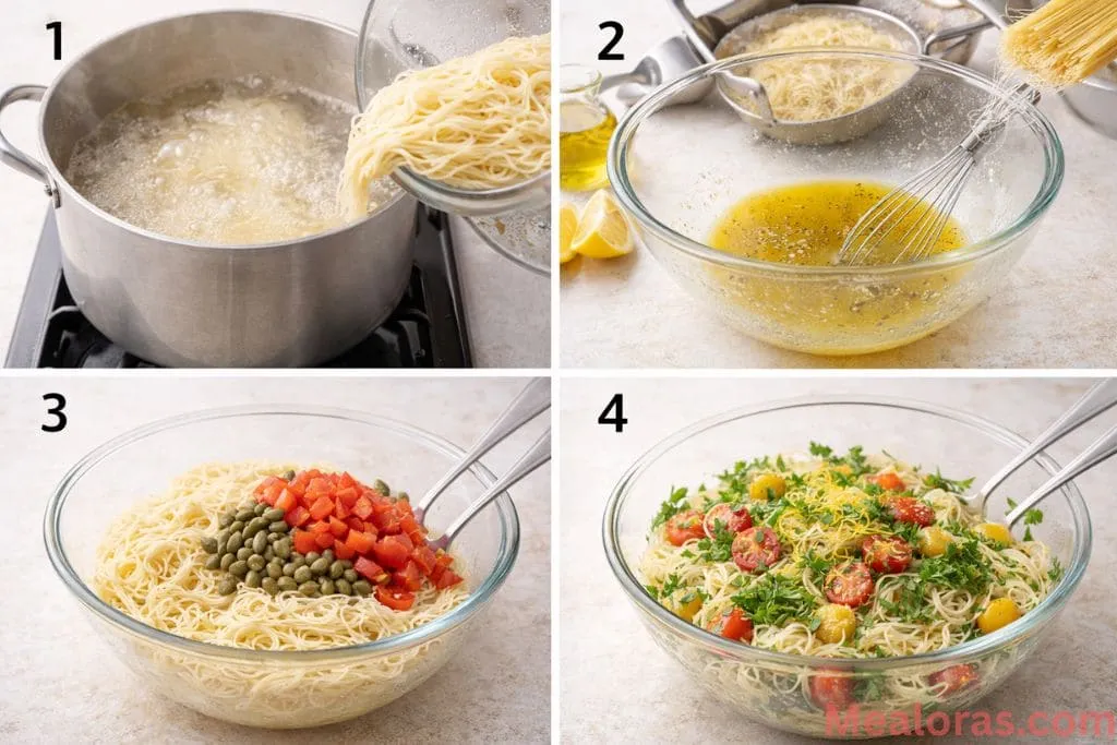 boiling pasta, rinsing noodles in a colander, and whisking lemon dressing in a bowl