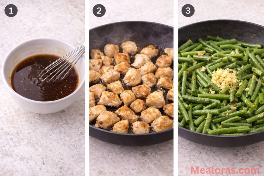 Golden brown chicken breast pieces and bright green beans cooking in a hot stainless steel skillet