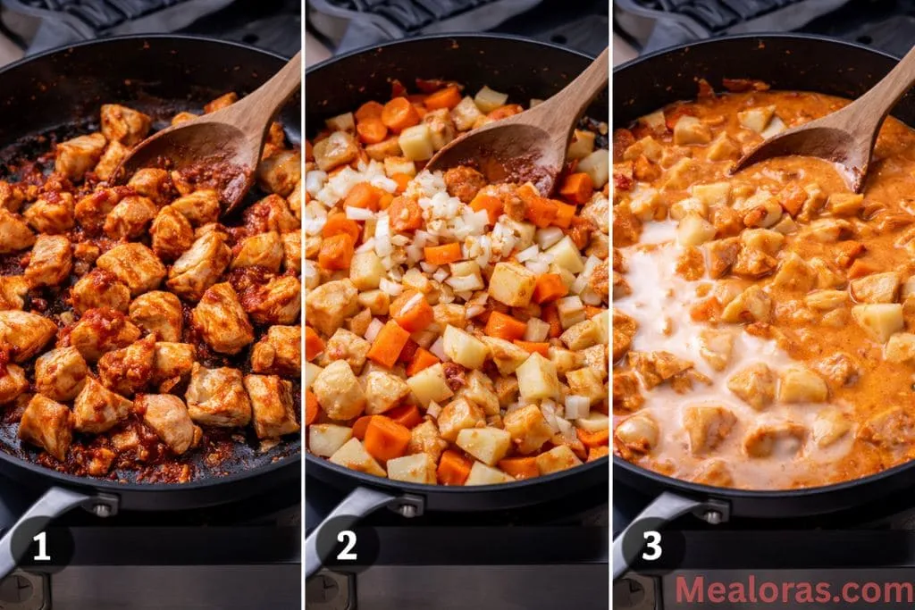 chicken sautéing with red curry paste, adding chopped onions and carrots, and pouring in coconut milk