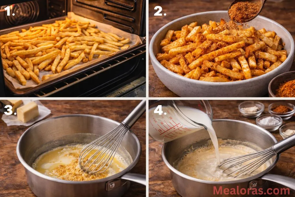 Collage showing baking fries and whisking butter and flour in a saucepan