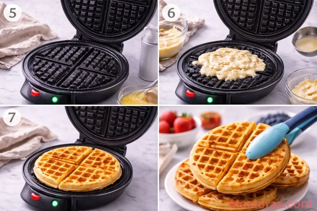 Pouring batter into a hot waffle iron until golden