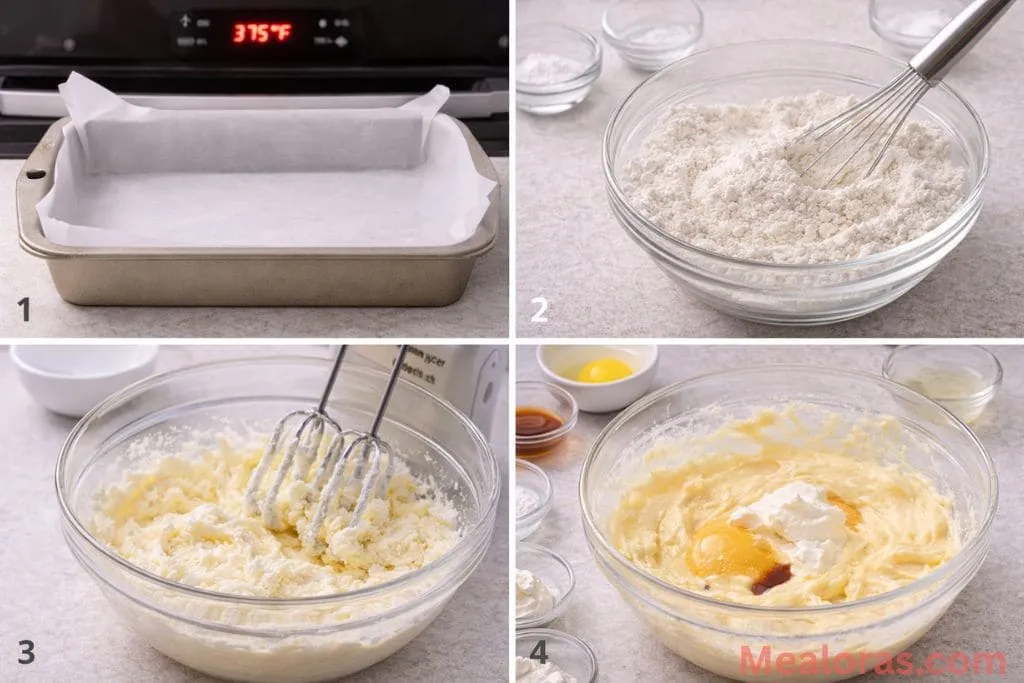 An electric hand mixer blending softened butter and granulated sugar in a glass bowl until light and fluffy