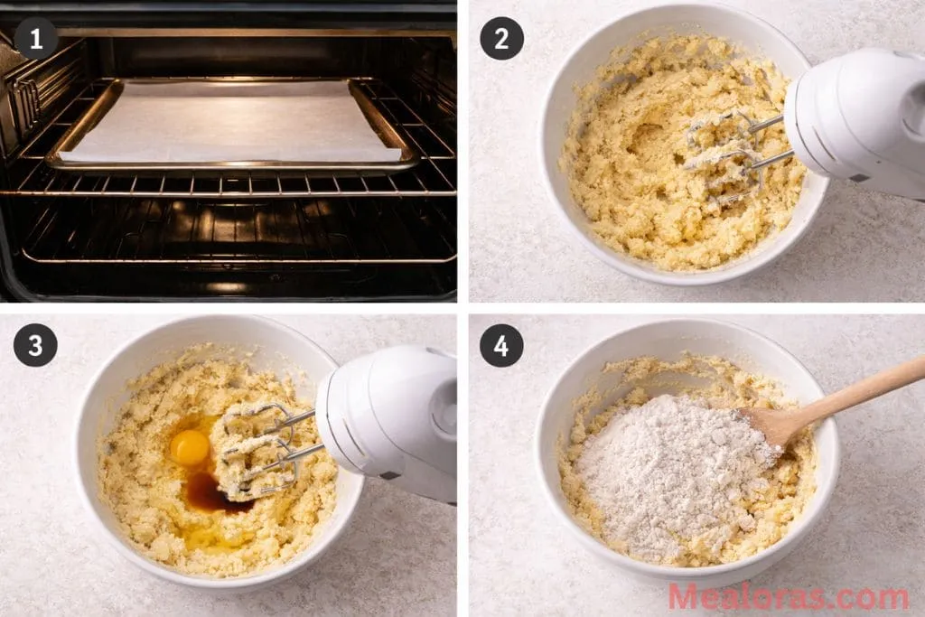 light and fluffy creamed butter and sugar being mixed with dry ingredients in a large bowl