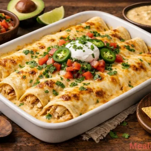 baking dish filled with creamy queso chicken enchiladas topped with melted Velveeta sauce and chopped green chilies