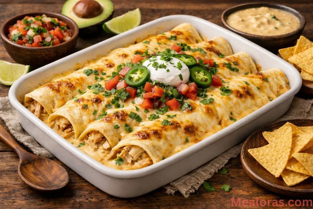 baking dish filled with creamy queso chicken enchiladas topped with melted Velveeta sauce and chopped green chilies