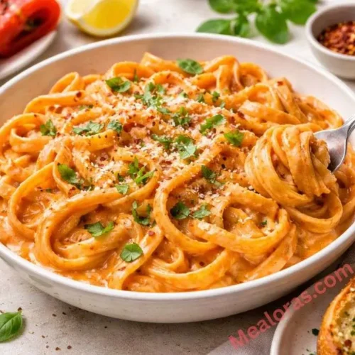 A steaming bowl of fettuccine coated in a thick, vibrant orange-red creamy pepper sauce