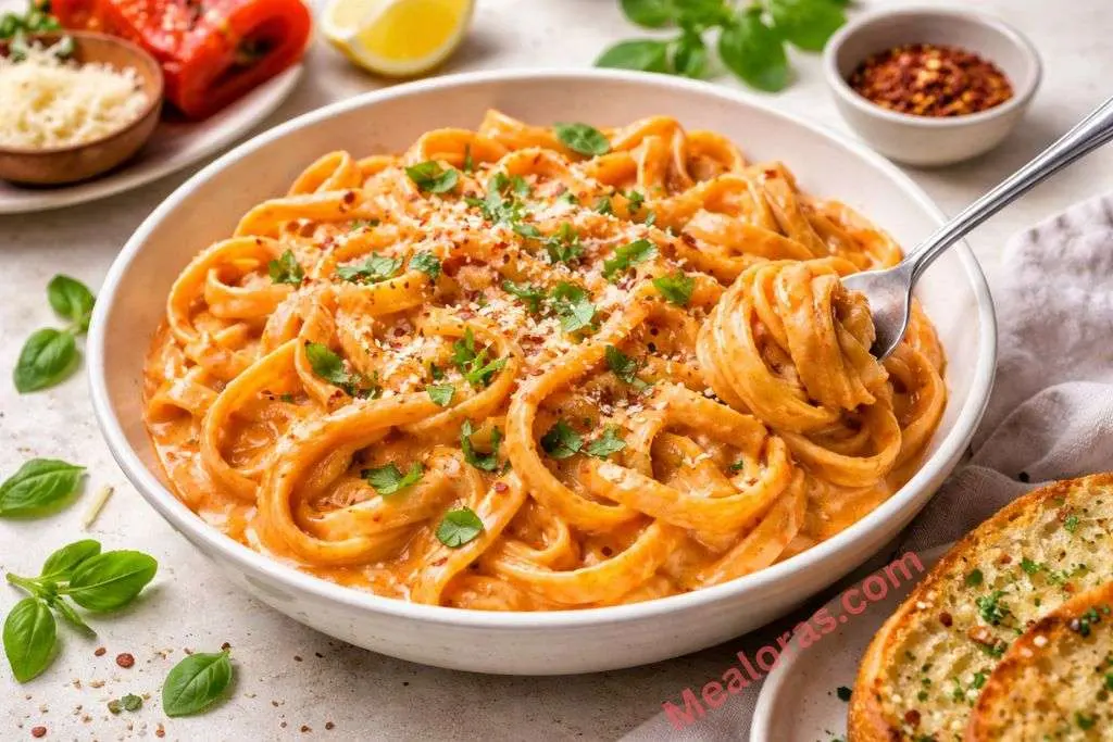A steaming bowl of fettuccine coated in a thick, vibrant orange-red creamy pepper sauce