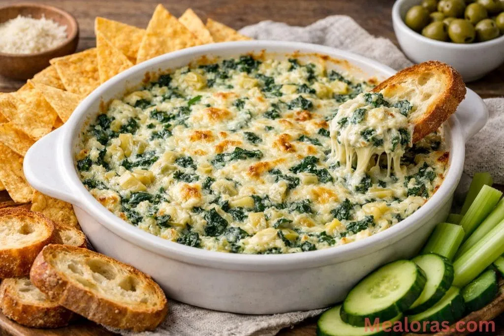 A golden brown, bubbly spinach artichoke dip served in a white square baking dish with toasted baguette slices on the side