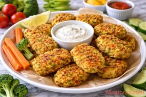 A plate of golden-brown crispy chickpea vegetable nuggets served with a side of dipping sauce