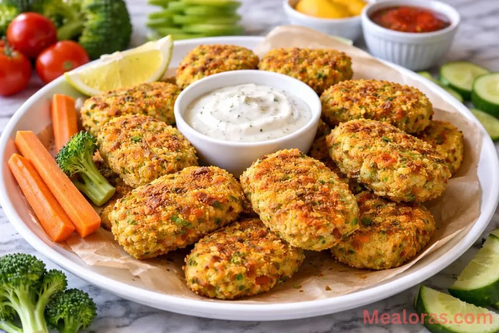 A plate of golden-brown crispy chickpea vegetable nuggets served with a side of dipping sauce