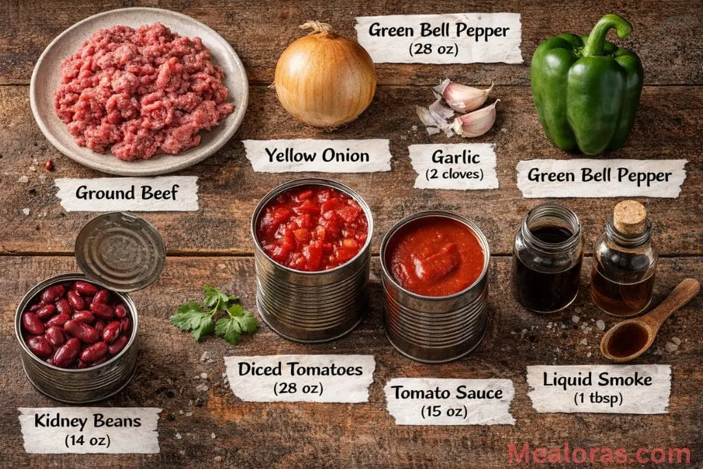 ground beef, canned kidney beans, diced tomatoes, and a variety of colorful spices arranged