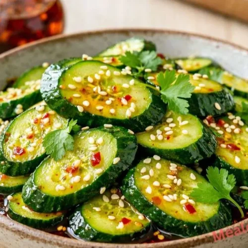 Crunchy Asian Cucumber Salad in a white bowl, topped with chili oil and sesame seeds
