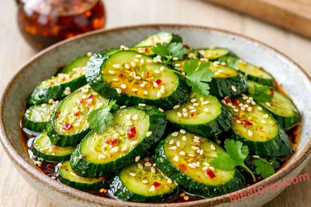Crunchy Asian Cucumber Salad in a white bowl, topped with chili oil and sesame seeds
