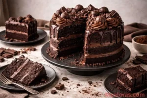 Death by Chocolate Cake covered in mini chocolate chips and frosting swirls