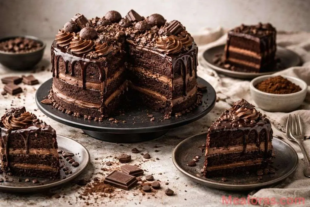 Death by Chocolate Cake on a white plate with a fork, ready to be eaten