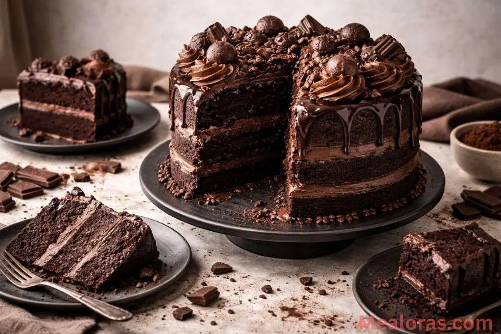 Death by Chocolate Cake covered in mini chocolate chips and frosting swirls