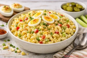 large glass bowl filled with creamy deviled egg macaroni salad topped with fresh parsley and a dusting of red paprika
