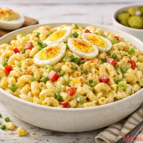 large glass bowl filled with creamy deviled egg macaroni salad topped with fresh parsley and a dusting of red paprika