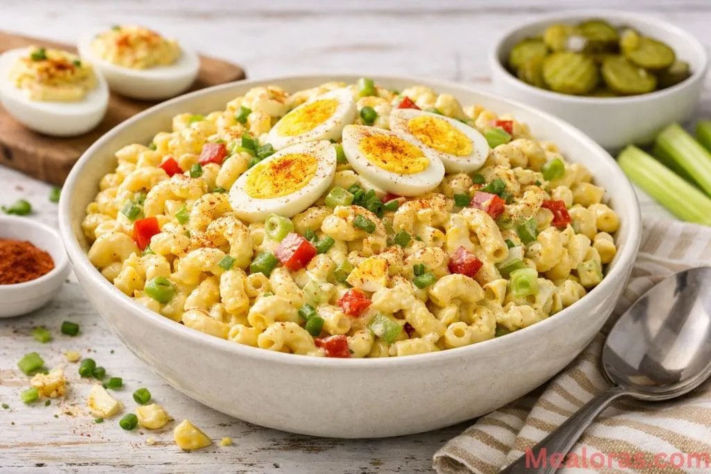 large glass bowl filled with creamy deviled egg macaroni salad topped with fresh parsley and a dusting of red paprika
