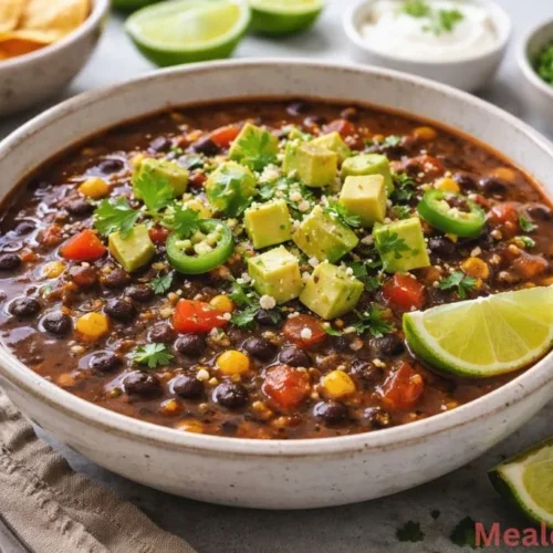 creamy bowl of black bean soup garnished with fresh cilantro, avocado slices, and a dollop of sour cream