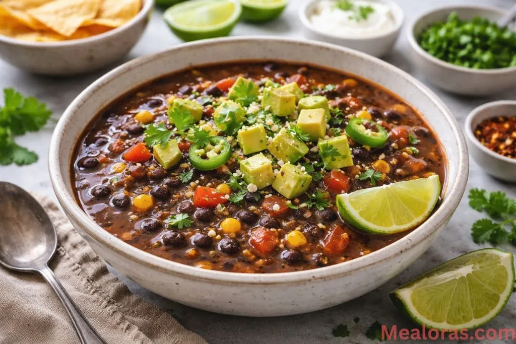 creamy bowl of black bean soup garnished with fresh cilantro, avocado slices, and a dollop of sour cream