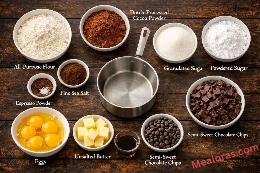 Individual bowls containing flour, cocoa powder, espresso powder, eggs, sugar, and dark chocolate for baking
