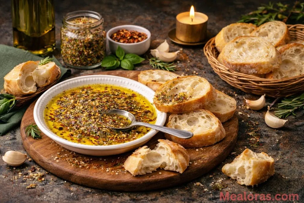 A dark glass bottle of extra virgin olive oil sitting next to a loaf of crusty ciabatta bread and a small bowl of dried Italian herbs