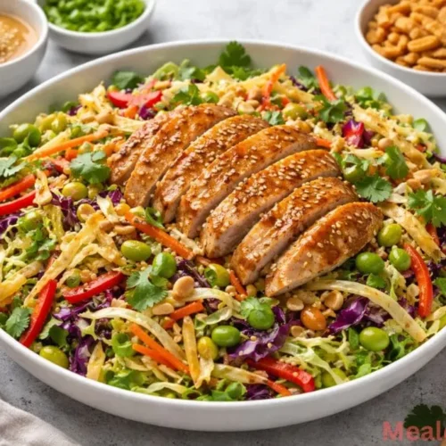 An individual serving of Asian chicken salad garnished with fresh cilantro and green onions