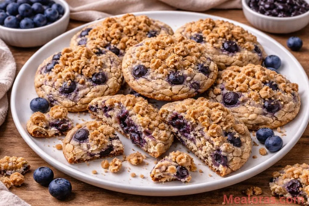 A stack of finished blueberry muffin cookies with streusel on a white serving plate, ready to be enjoyed