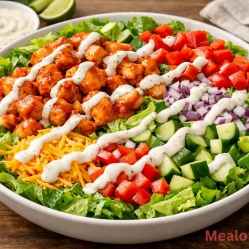 single serving of Honey Hot Chicken Salad ready to eat, served in a white bowl