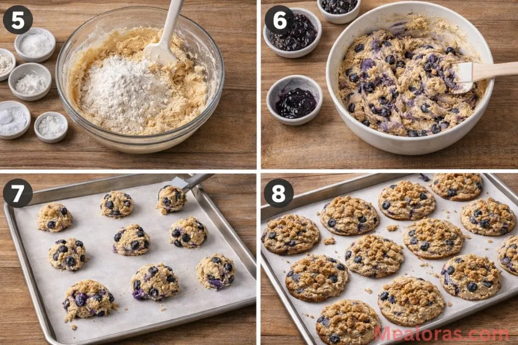 : Cookie dough in a bowl with fresh blueberries and purple jam swirls being scooped into large balls