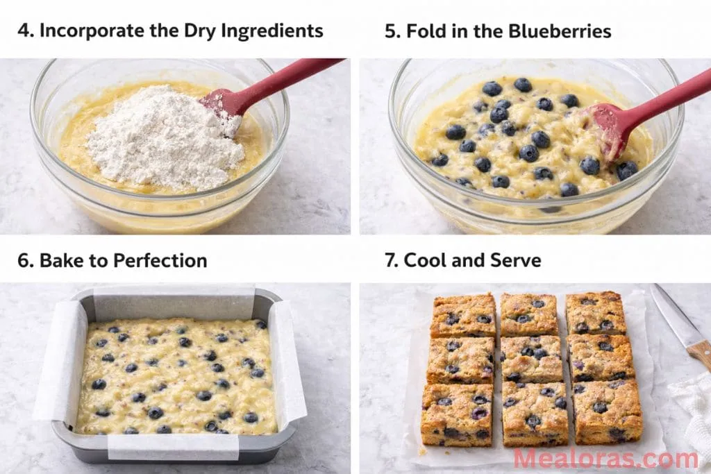 A spatula folding fresh blueberries and flour into a thick, pale blondie batter inside a glass mixing bowl