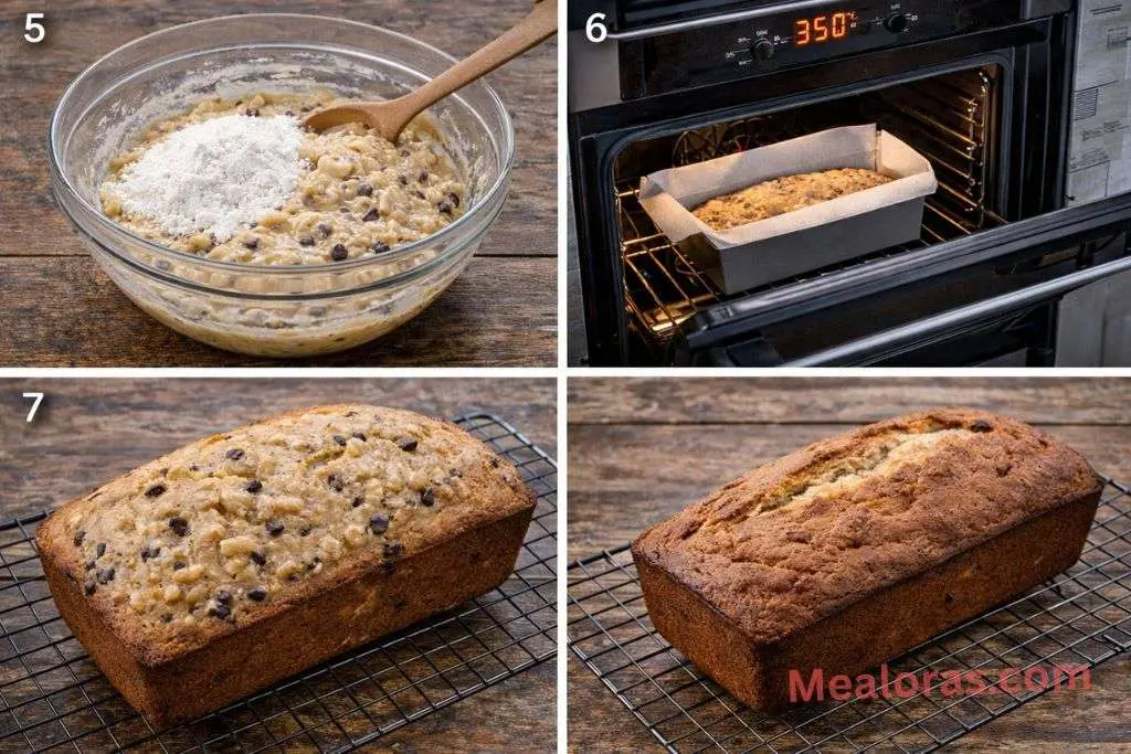 Dry ingredients being folded into banana batter and the final loaf baking in the oven