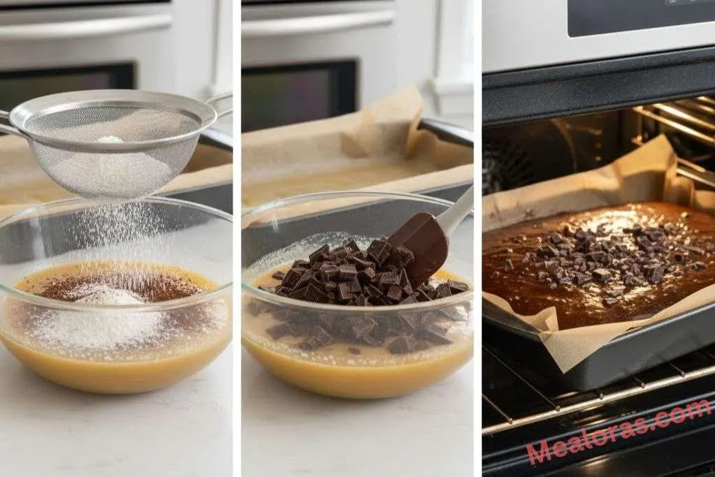 spatula folding dry flour and cocoa powder into wet brownie batter with chopped chocolate pieces