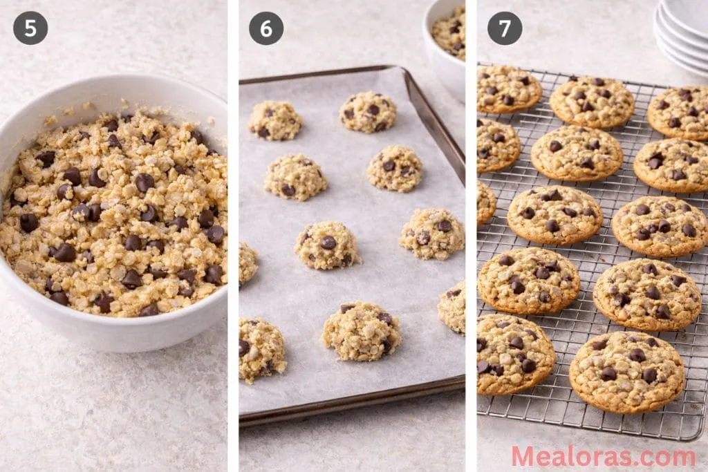 Semi-sweet chocolate chips and Rice Krispies cereal being folded into cookie dough with a rubber spatula